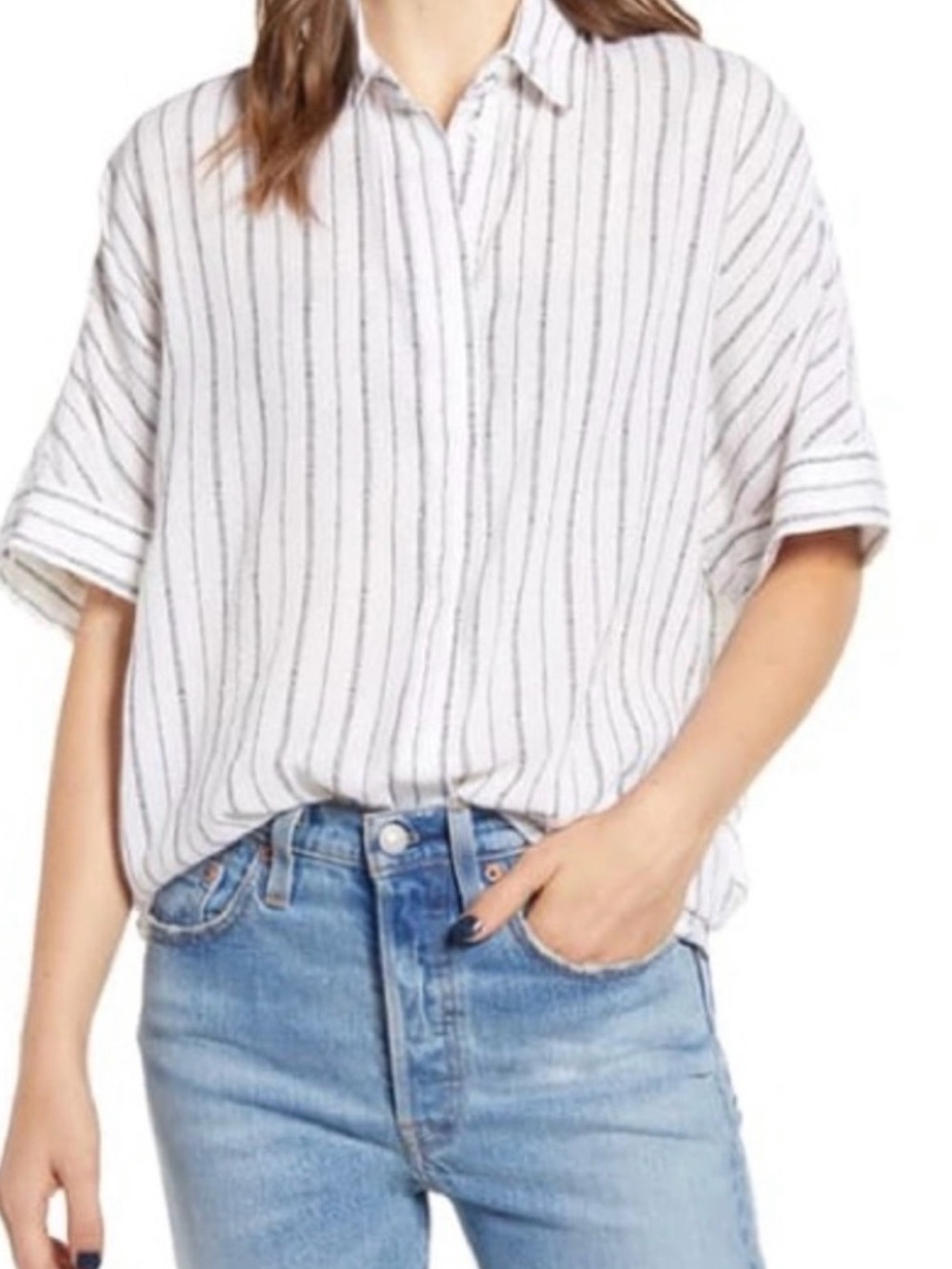 All Saints Saria White Striped Split Back Relaxed Button Down Viscose Blend